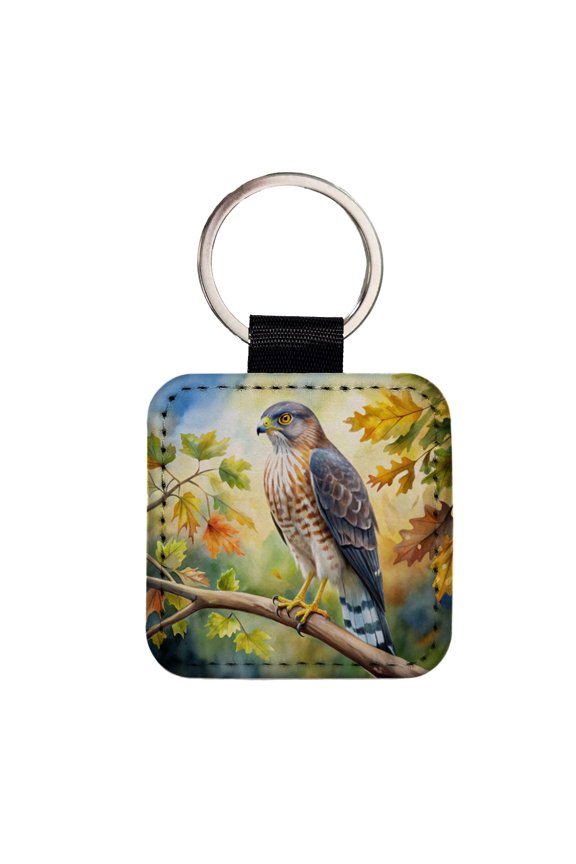 Cooper's Hawk Raptor Bird Of Prey In Tree Watercolor Faux Leather Square Keychain