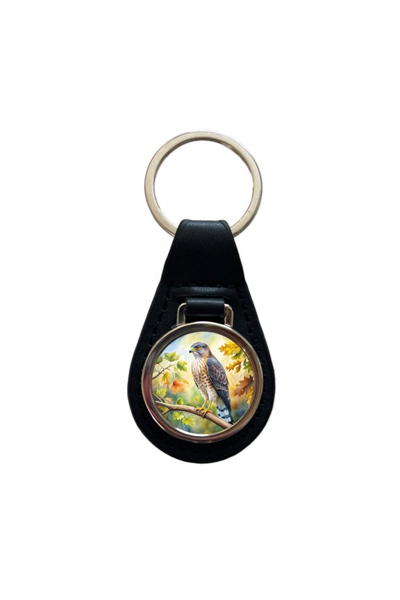 Cooper's Hawk Raptor Bird Of Prey In Tree Watercolor Metal Black Leather Keychain