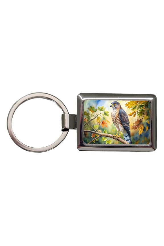 Cooper's Hawk Raptor Bird Of Prey In Tree Watercolor Metal Rectangle Keychain