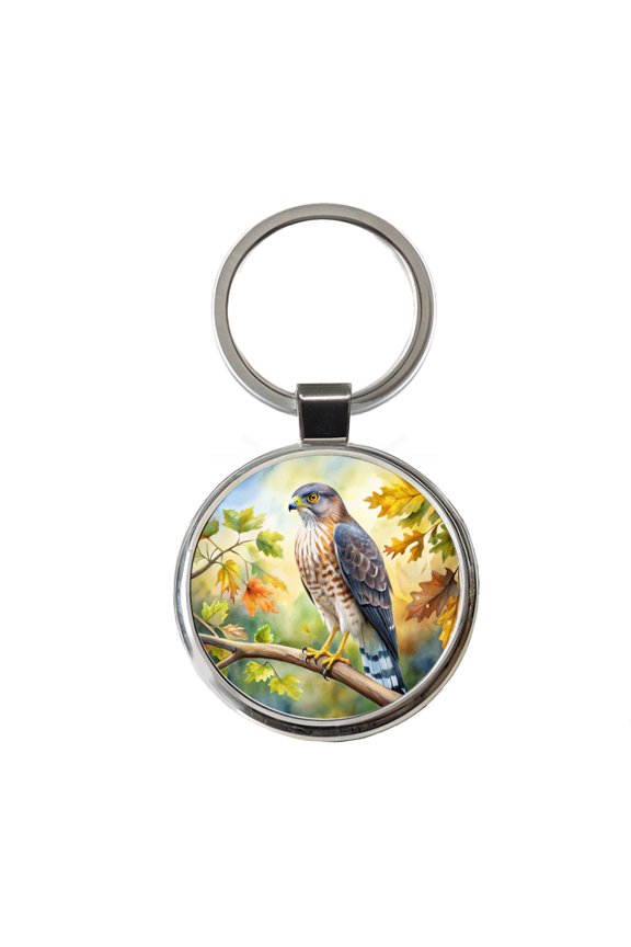 Cooper's Hawk Raptor Bird Of Prey In Tree Watercolor Metal Round Keychain