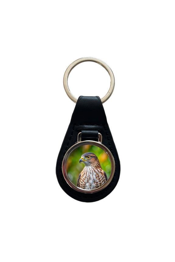 Cooper's Hawk Raptor Bird Of Prey Metal Black Leather Keychain