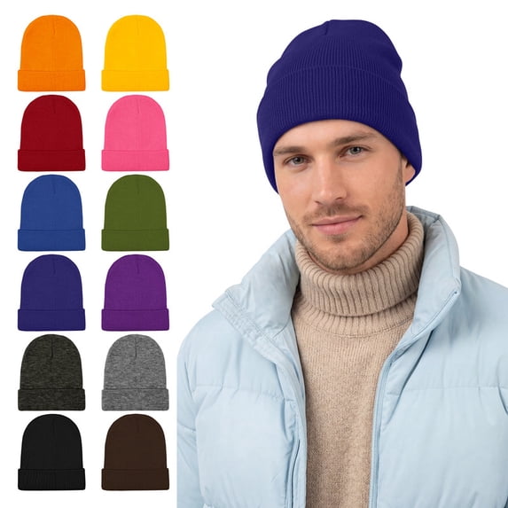 Cooraby 12 Pack Knitted Winter Beanie Cold Weather Acrylic Warm Skull Cap Cuff Watch Hat for Men or Women Homeless Donation