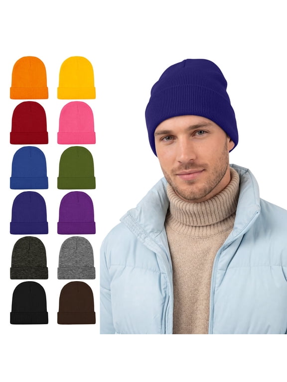 12 Pack Knitted Winter Beanie Cold Weather Acrylic Warm Skull Cap Cuff Watch Hat for Men or Women Homeless Donation