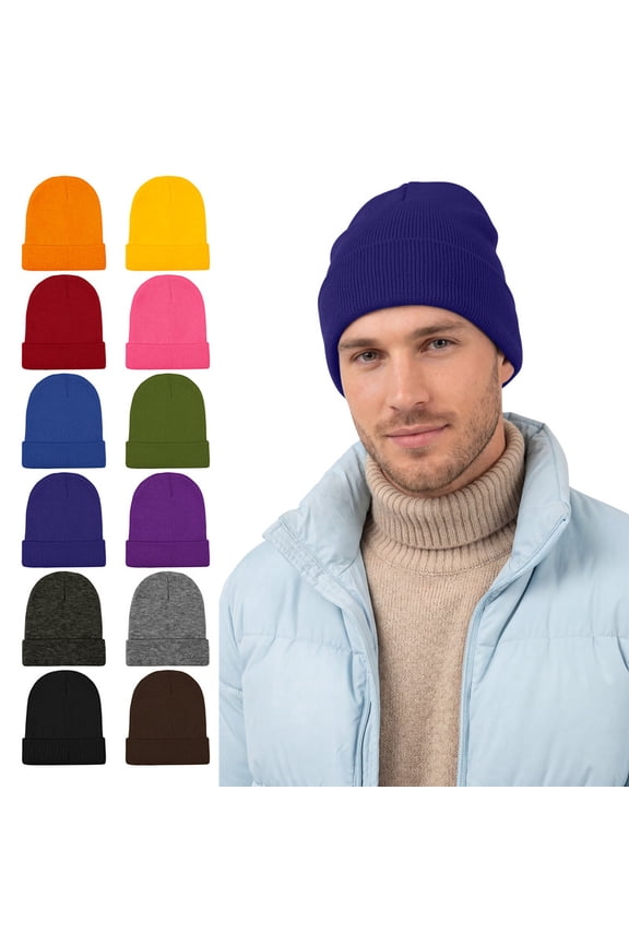 12 Pack Knitted Winter Beanie Cold Weather Acrylic Warm Skull Cap Cuff Watch Hat for Men or Women Homeless Donation