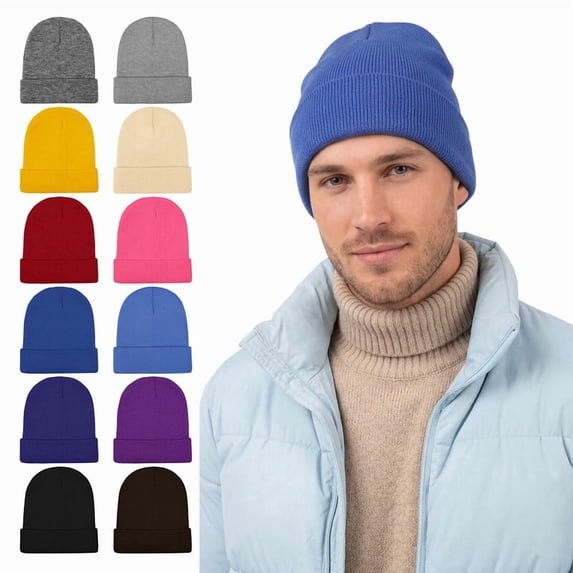 Cooraby 12 Pack Knitted Winter Beanie Cold Weather Acrylic Warm Skull Cap Cuff Watch Hat for Men or Women Homeless Donation