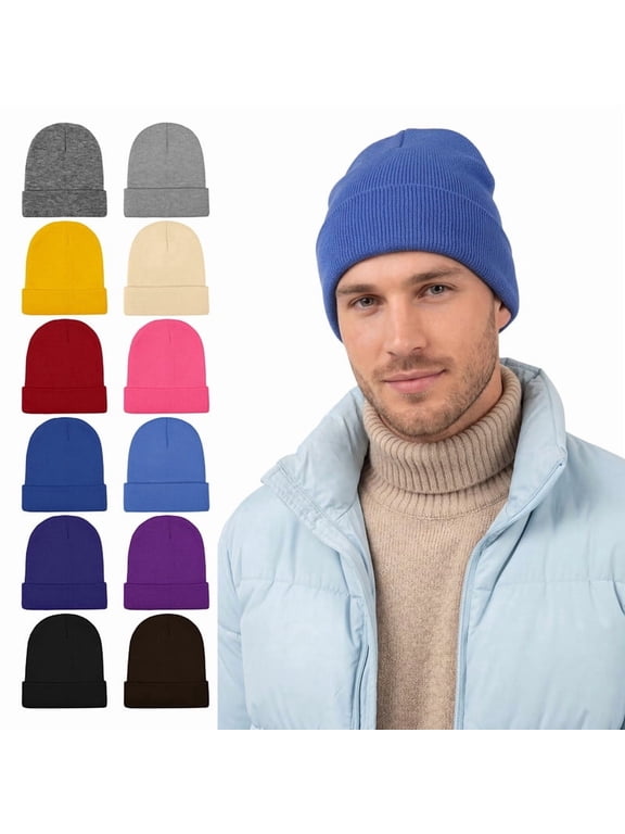 12 Pack Knitted Winter Beanie Cold Weather Acrylic Warm Skull Cap Cuff Watch Hat for Men or Women Homeless Donation
