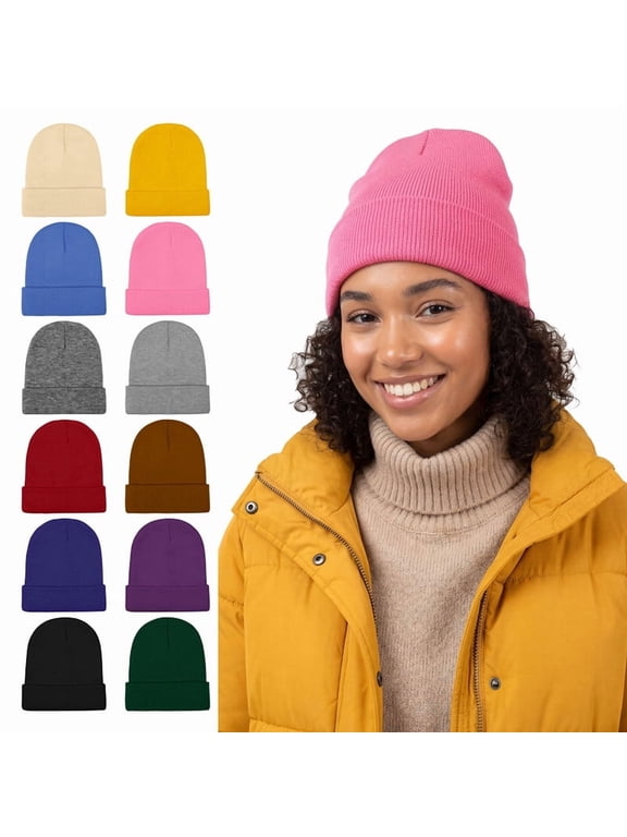 12 Pack Knitted Winter Beanie Cold Weather Acrylic Warm Skull Cap Cuff Watch Hat for Men or Women Homeless Donation