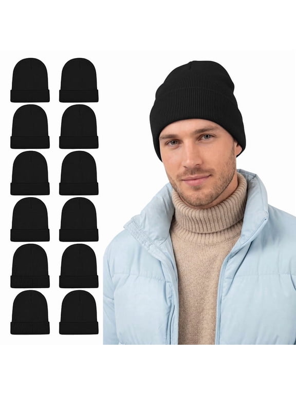 12 Pack Knitted Winter Beanie Cold Weather Acrylic Warm Skull Cap Cuff Watch Hat for Men or Women Homeless Donation