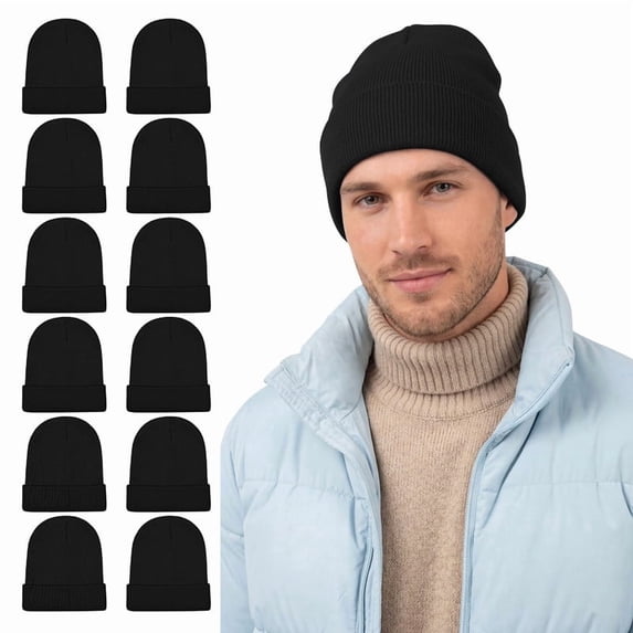 Cooraby 12 Pack Knitted Winter Beanie Cold Weather Acrylic Warm Skull Cap Cuff Watch Hat for Men or Women Homeless Donation