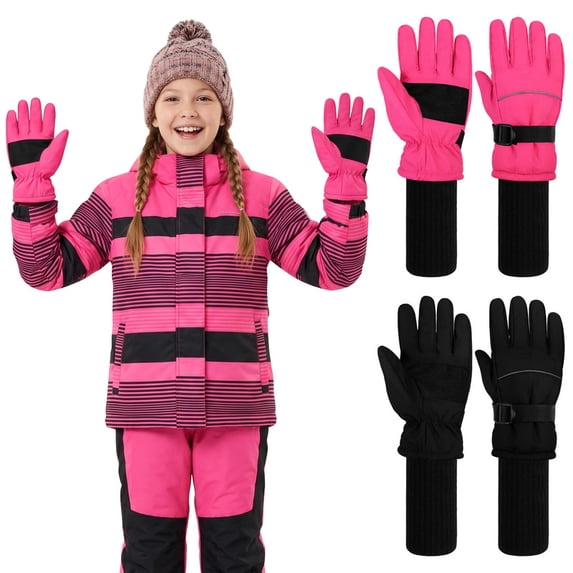 Cooraby 2 Pack Long Kids Winter Ski Gloves Waterproof Warm Snow Gloves Thick Unisex Mitten Gloves for Girls Boys
