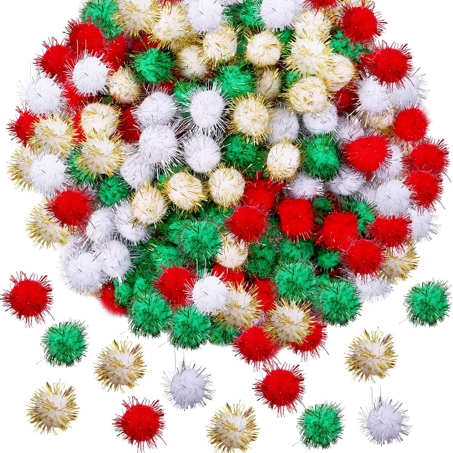300 X Red, Green, White Christmas Tinsel Arts & Crafts Pom Poms Decorations  