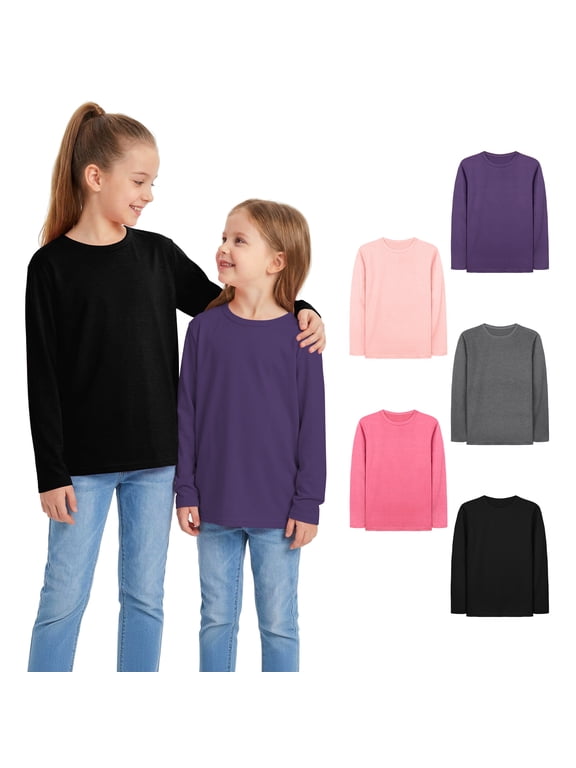 5 Pack Girls' Cotton Long Sleeve T-Shirts, Soft Crew Neck Tees for Toddler & Little Girls, Everyday Basic Tops