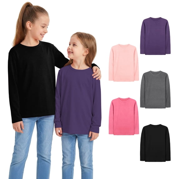 Cooraby 5 Pack Girls' Long Sleeve T-Shirts, Soft Cotton Blend Crew Neck Tees for Toddler & Little Girls, Everyday Basic Tops