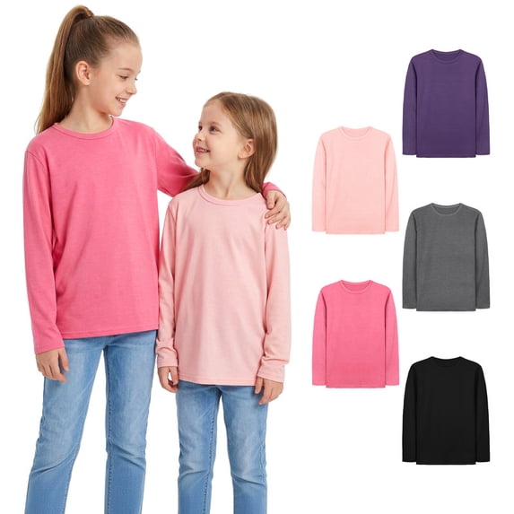 Cooraby 5 Pack Girls Long Sleeve Tees Girls' Soft T-Shirts Kids Basic Crewneck T-Shirts Top for Teen Youth Girls