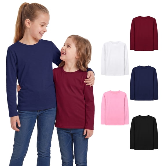 Cooraby 5 Pack Girls' Long Sleeve Tees Kids T-Shirts Soft Toddler Girls Crewneck T-Shirts