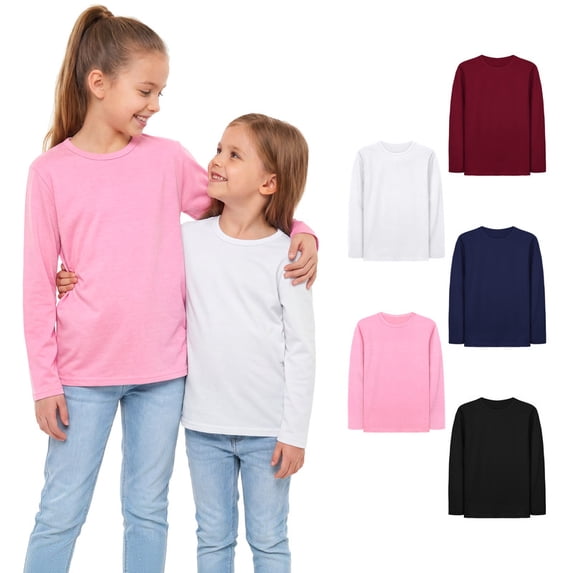 Cooraby 5 Pack Girls' Long Sleeve Tees Kids T-Shirts Soft Toddler Girls Crewneck T-Shirts