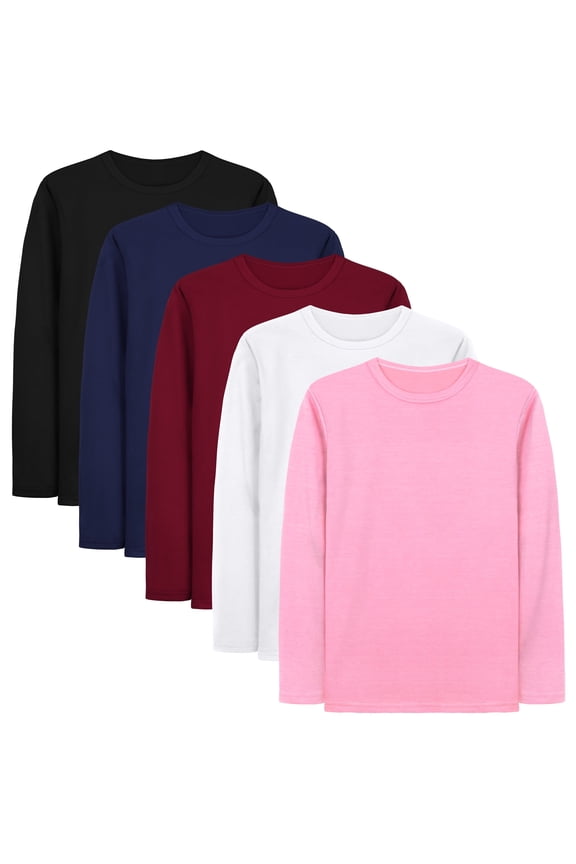 5 Pack Girls' Long Sleeve Tees Kids T-Shirts Soft Toddler Girls Crewneck T-Shirts