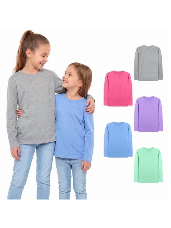 5 Pack Girls' Long Sleeve T-Shirts, Soft Cotton Blend Crew Neck Tees for Toddler & Little Girls, Everyday Basic Tops