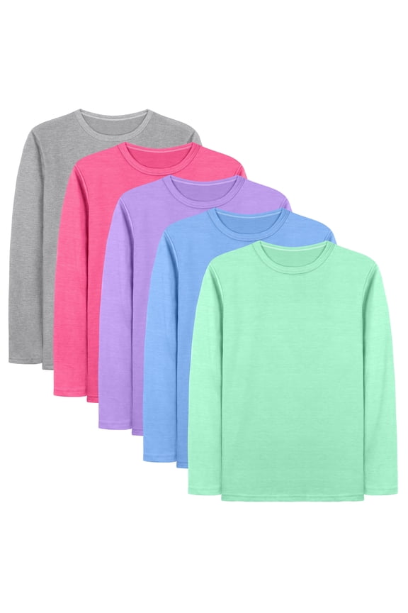 5 Pack Girls' Long Sleeve Tees Kids T-Shirts Soft Toddler Girls Crewneck T-Shirts