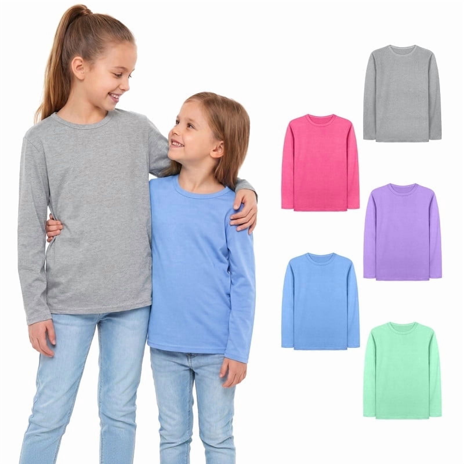 5 Pack Girls' Cotton Long Sleeve T-Shirts, Soft Crew Neck Tees for Toddler & Little Girls, Everyday Basic Tops
