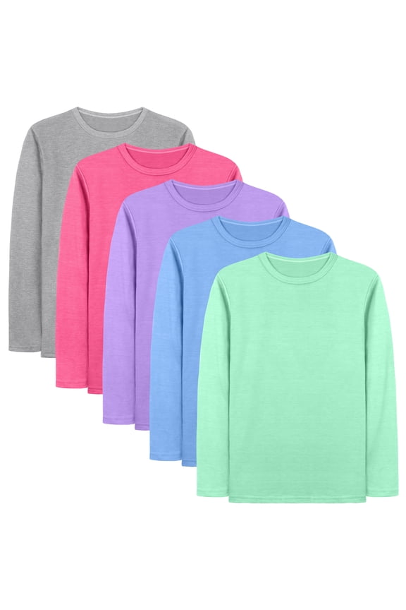 5 Pack Girls' Long Sleeve Tees Kids T-Shirts Soft Toddler Girls Crewneck T-Shirts