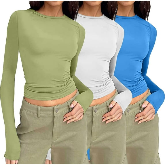 Coorders No Boundaries Everyday Tee, Scoop Neck Long Sleeve Shirts for Women, Slim Round Neck Fitted T Shirts Womens Tops Tee,3 Pack,Blue/White/Blue,M