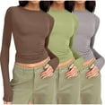 thumbnail image 1 of Coorders No Boundaries Everyday Tee, Scoop Neck Long Sleeve Shirts for Women, Slim Round Neck Fitted T Shirts Womens Tops Tee,3 Pack,Brown/Blue/Light Gray,XS, 1 of 2