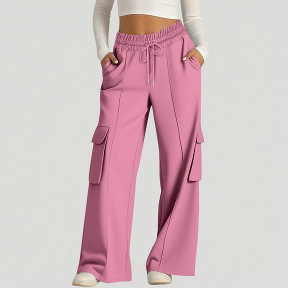 Coorders No Boundaries Women Drawstring Fleece Cargo Pants with Pockets 2025, Womens High Waisted Baggy Casual Stretchy Y2k Trousers,Women's Size Pink,Size M