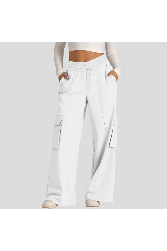Coorders Women Drawstring Fleece Cargo Pants with Pockets 2025, Womens High Waisted Baggy Casual Stretchy Y2k Trousers,Women's Size White,Size L