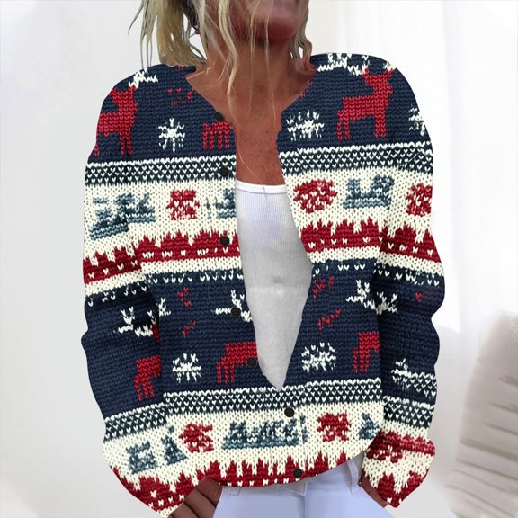 Coorders Women's Christmas Cardigan Sweaters,Long Sleeve Cable Knit Hollow Out Button Down Jacket Tops,Ugly Plus Navy,Size XXL
