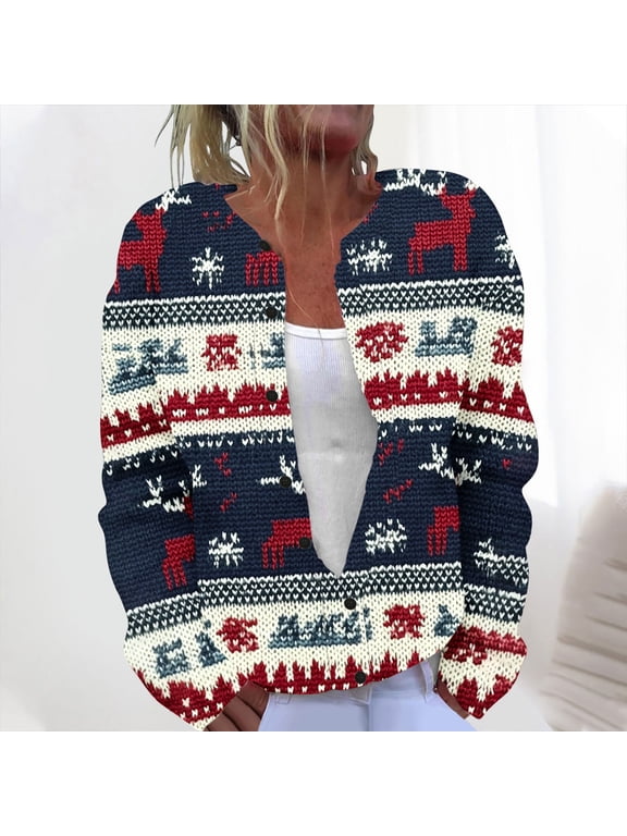 Coorders Women's Christmas Cardigan Sweaters,Long Sleeve Cable Knit Hollow Out Button Down Jacket Tops,Ugly Plus Navy,Size XXL