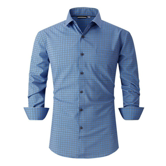 Coorders George Fit Casual Dress Shirts, Mens Solid Long Sleeve Dress Shirts Stretch Cotton Business Shirt,Blue,M