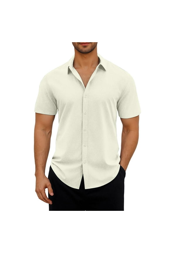 George Fit Men's & Big Men's Casual Button Front Shirt with Short Sleeves ,Beige,M