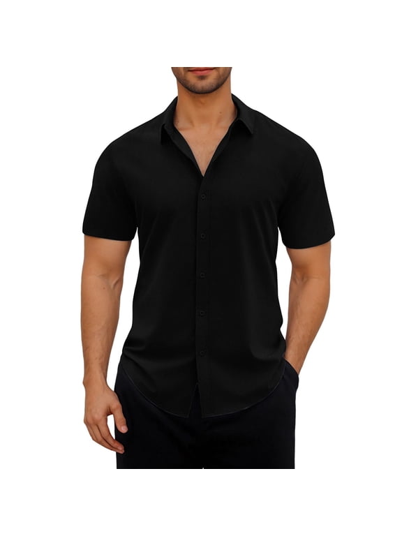 George Fit Men's & Big Men's Casual Button Front Shirt with Short Sleeves ,Black,L