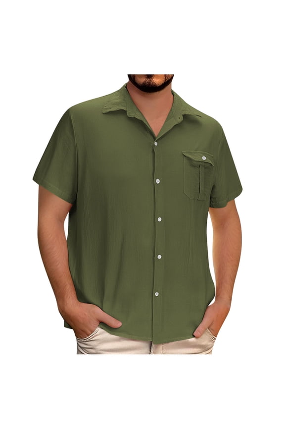 Men's & Big Men's Casual Linen Shirts Short Sleeve Hawaiian Button Down Shirt with Pocket ,Army Green,XXXL
