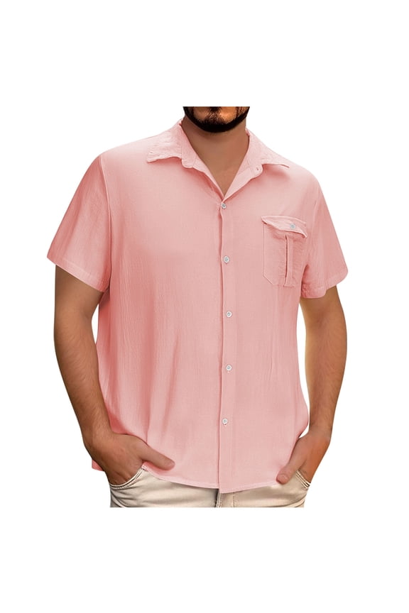Men's & Big Men's Casual Linen Shirts Short Sleeve Hawaiian Button Down Shirt with Pocket ,Pink,XL
