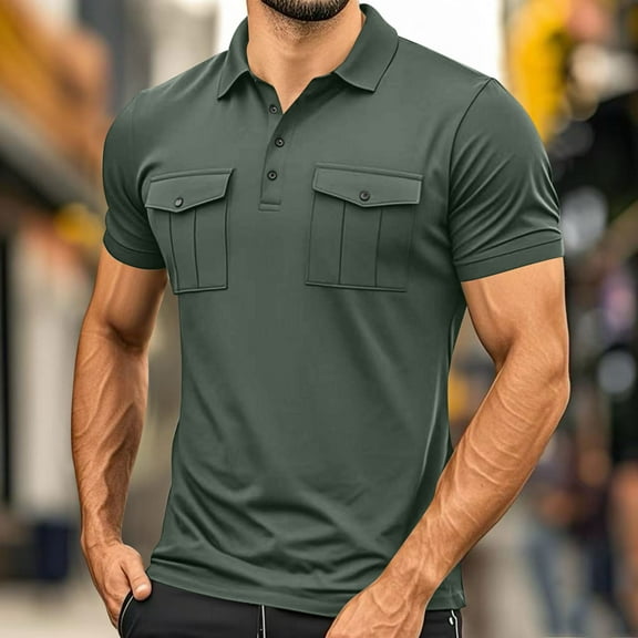 Coorders George Men’s & Big Men’s Stretch Short Sleeve Polo with Pocke,Button-Up Commuter Shirts for Mens, Army Green, S