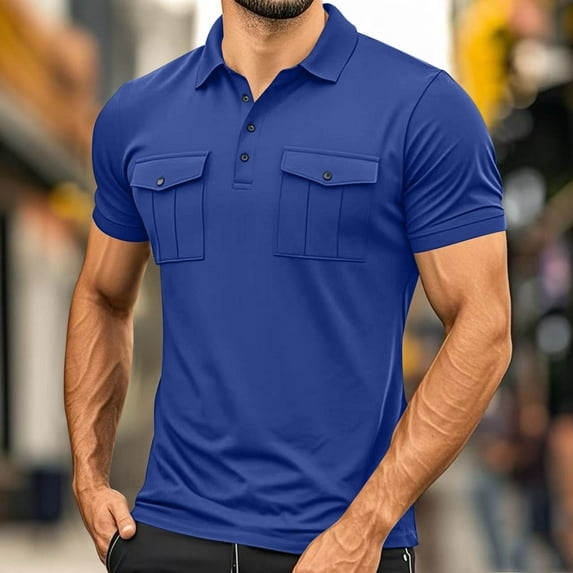 Coorders George Men’s & Big Men’s Stretch Short Sleeve Polo with Pocke,Button-Up Commuter Shirts for Mens, Blue, XXL