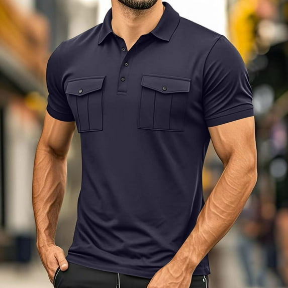 Coorders George Men’s & Big Men’s Stretch Short Sleeve Polo with Pocke,Button-Up Commuter Shirts for Mens, Navy, XL