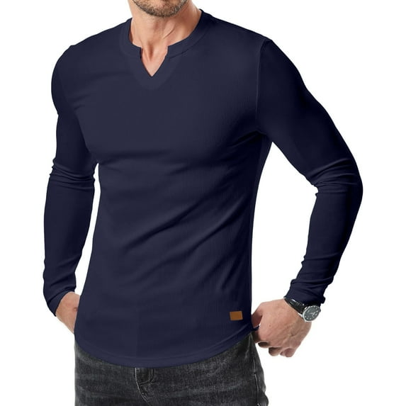 Coorders George Men's & Big Men's V-Neck Shirts, Fashion Tee with Long Sleeve, Navy,XXXL