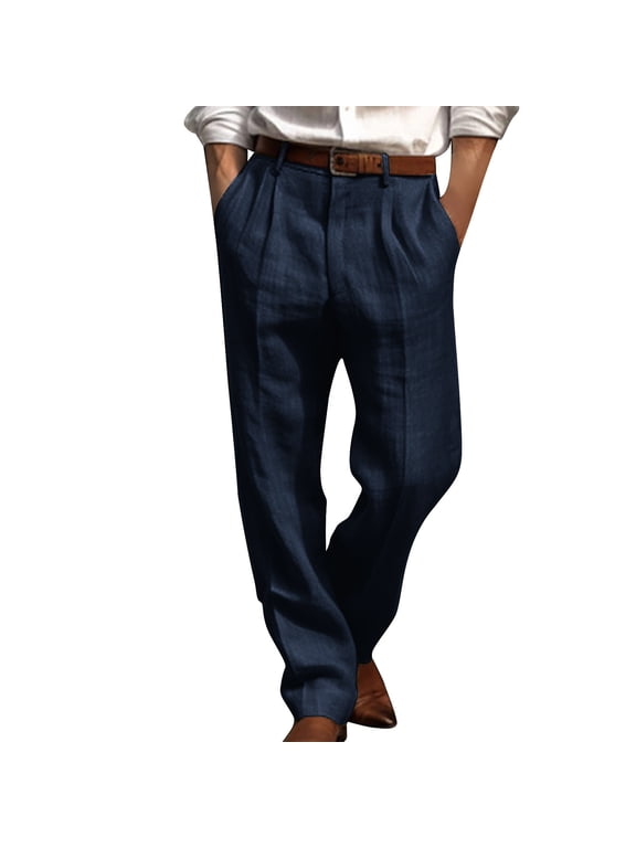Men's Big & Tall Casual Elastic Waist Pants, Men's Pleated Cuffed Microfiber Dress Pants Navy,XL