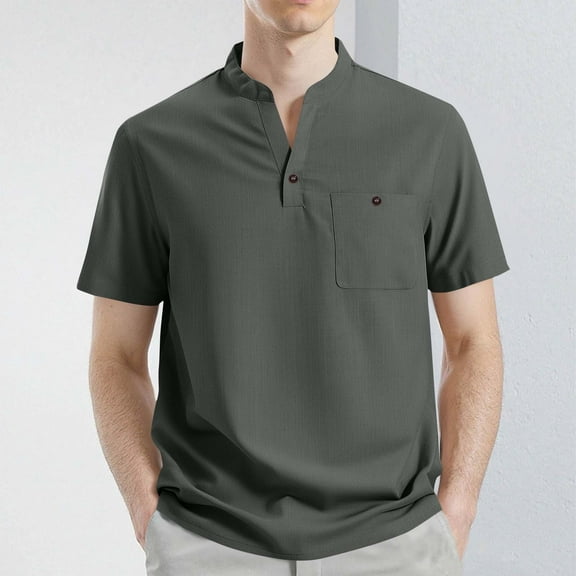 Coorders George Men's Button Stand Collar Blouse Top with Pocket, Casual Short Sleeve Front Shirt for Men, Dark Gray, XL