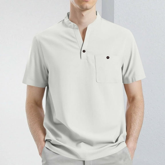 Coorders George Men's Button Stand Collar Blouse Top with Pocket, Casual Short Sleeve Front Shirt for Men, White, L