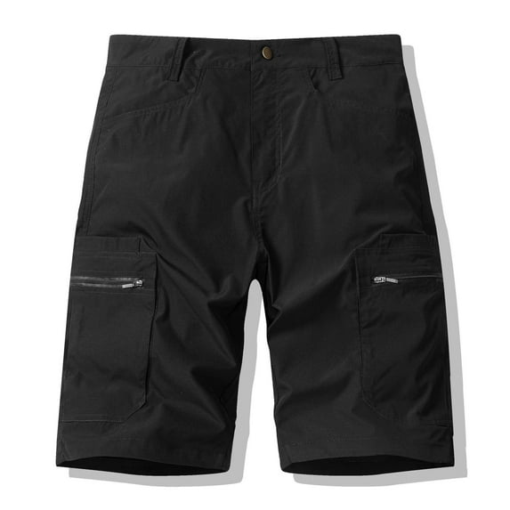 Coorders Men's Cargo Shorts, Stretch Elastic Waist Men's Hiking Buttons Zipper Cargo Shorts with Pockets, Black, M