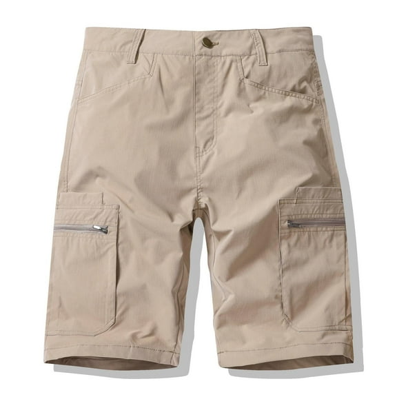 Coorders George Men's Cargo Shorts, Stretch Elastic Waist Men's Hiking Buttons Zipper Cargo Shorts with Pockets, Khaki, L