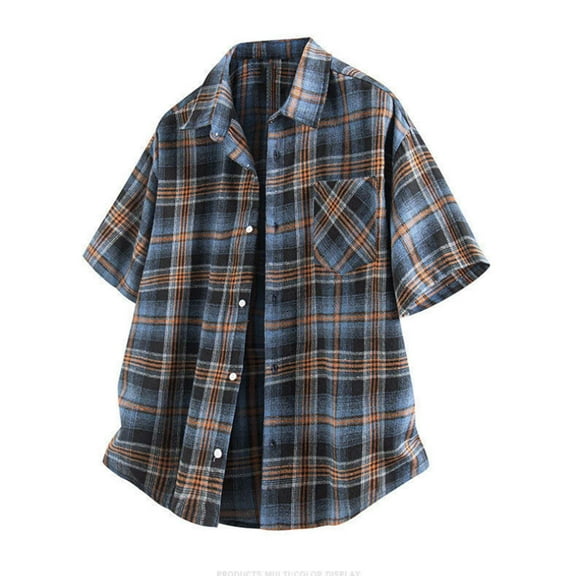 Coorders George Men's Casual Button Down Shirt with Pocket, Short Sleeve Plaid Button Up Work Shirts ,Big and Tall Orange,Size XXL