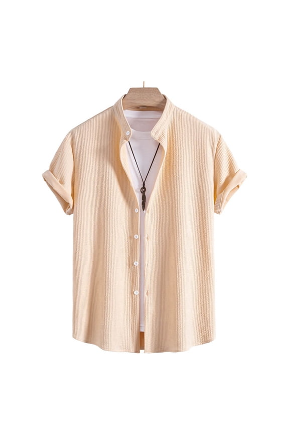 Men's Casual Button-Down Shirt with Short Sleeve, Breathable Comfort Fit Shirt for Men, Khaki, M