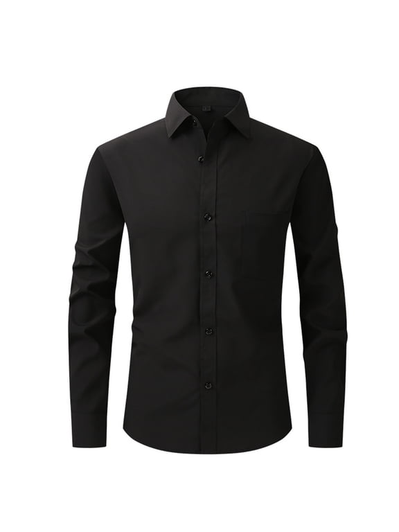 Men's Dress Shirt with Long Sleeves, Casual Solid Shirt for Mens Turn-down Button Long Sleeve Dress Shirt,Black,L