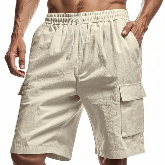 Coorders George Men’s Elastic Waist Cargo Shorts Loose Fit Drawstring Short with Pockets, Beige, M