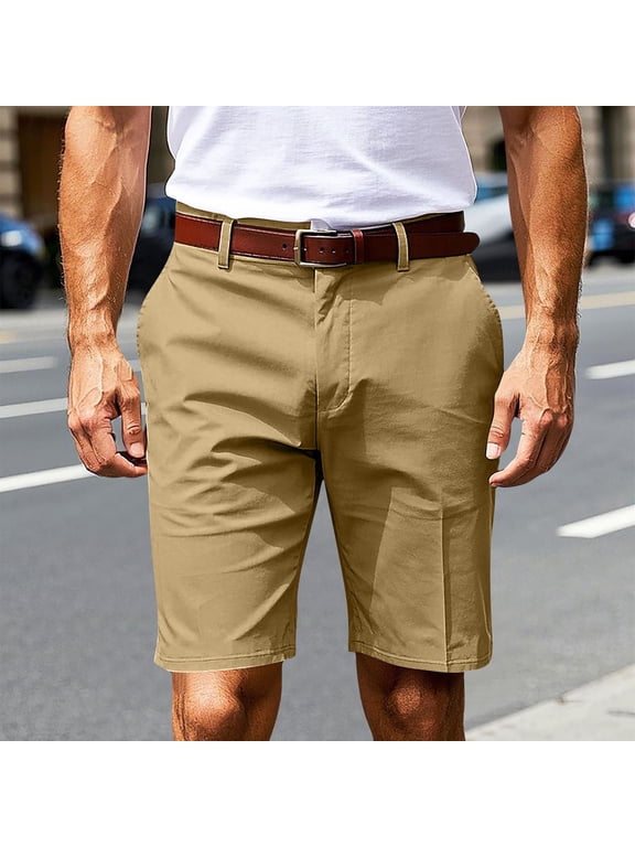 Men's Golf Shorts, Stretch Elastic Waist Men's Dress Flat Front Shorts with Pockets, Khaki, L